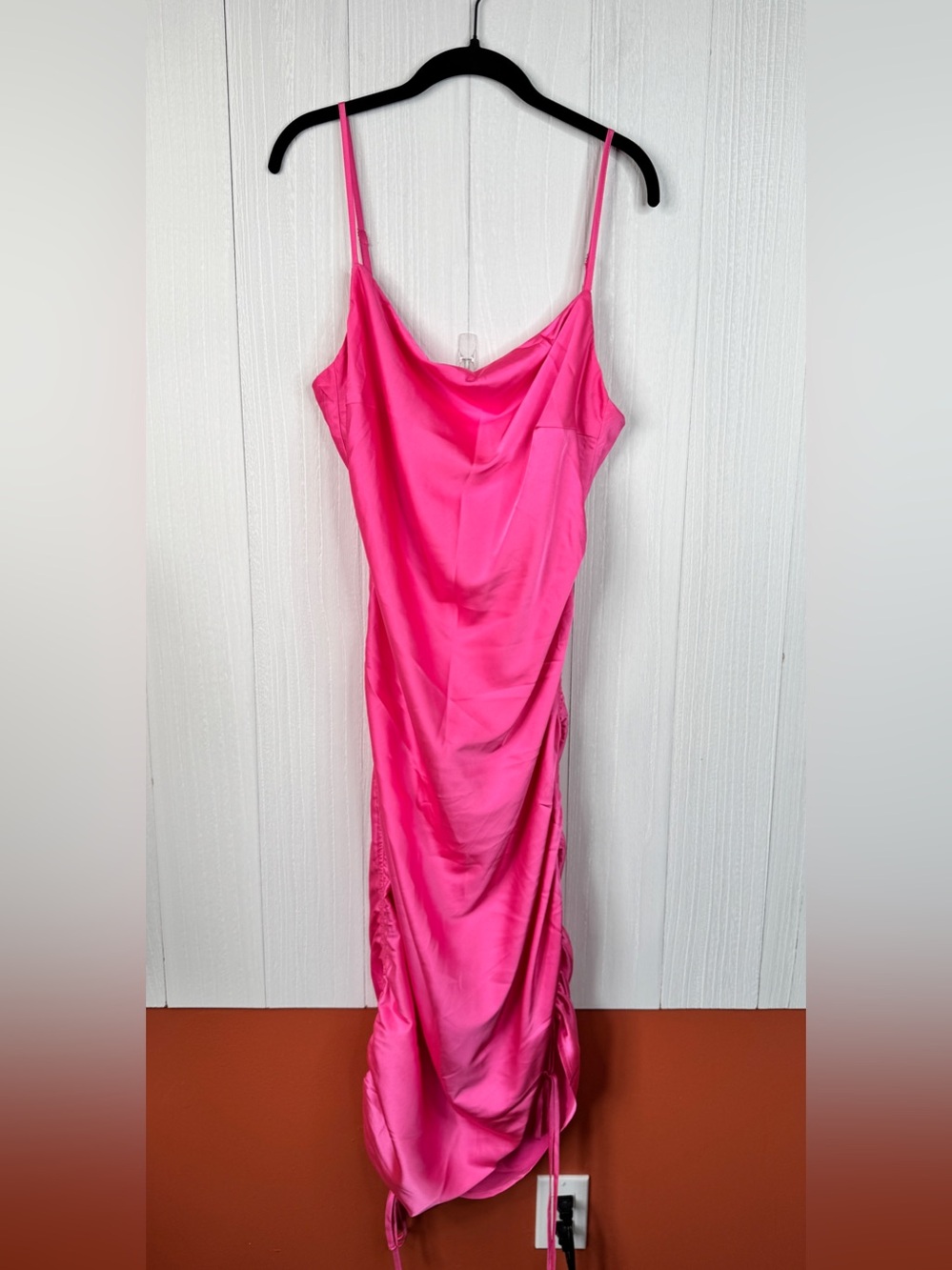 Mable Ruched Sides Hot Pink Cowl Neck Satin Slip Midi Dress